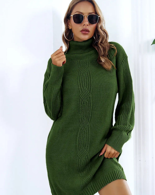 Openwork Turtleneck Long Sleeve Sweater Dress Green