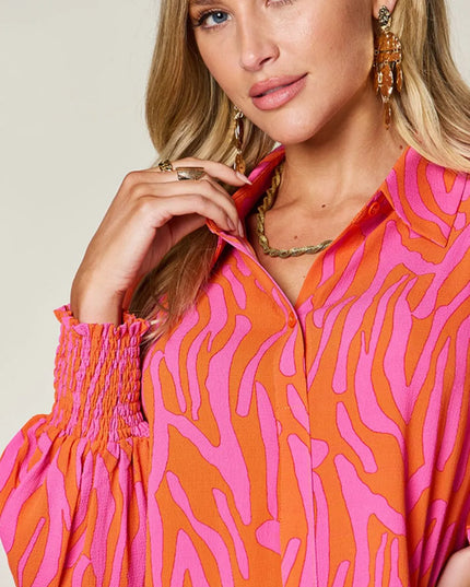 Double Take Full Size Printed Smocked Long Sleeve Blouse Plus Size