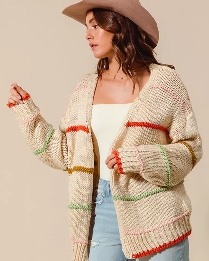 SO ME Loose Fit Multi Stripe Open Front Cardigan