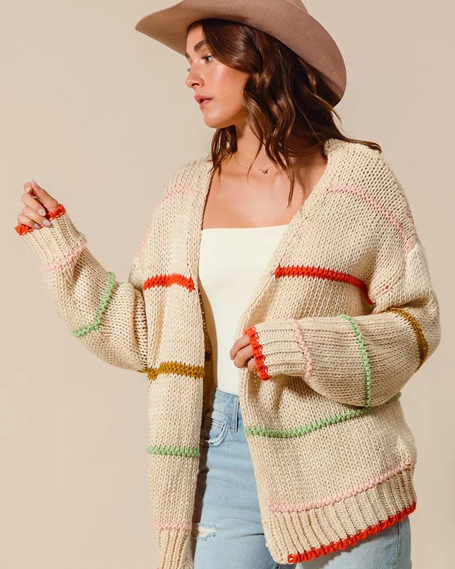 SO ME Loose Fit Multi Stripe Open Front Cardigan