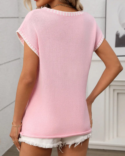 Contrast Trim V-Neck Short Sleeve Knit Top