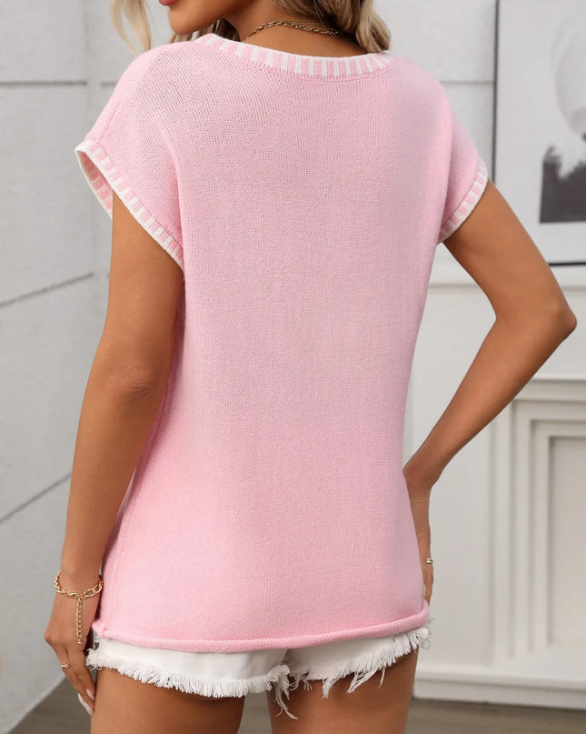 Contrast Trim V-Neck Short Sleeve Knit Top