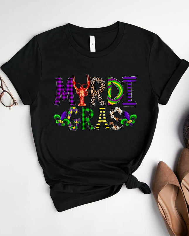 MARDI GRAS Round Neck Short Sleeve T-Shirt Black