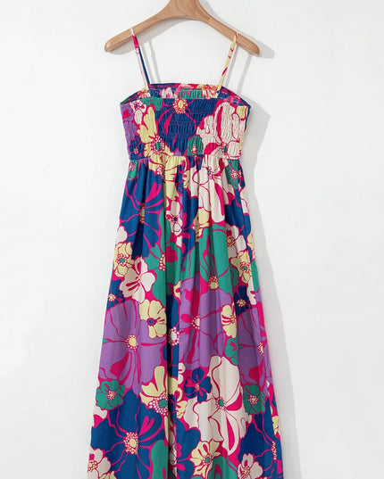 Floral Print Shirred Spaghetti Strap Loose Maxi Dress