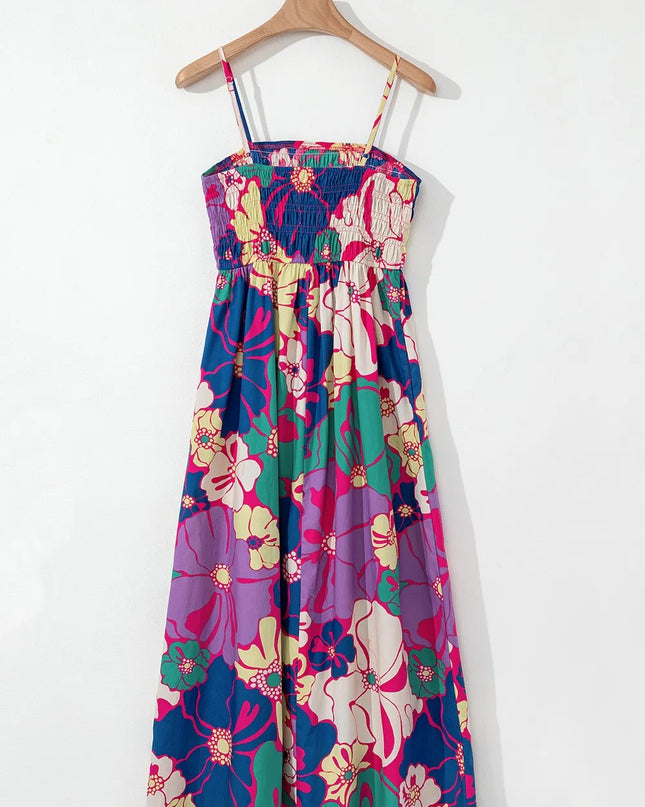 Floral Print Shirred Spaghetti Strap Loose Maxi Dress