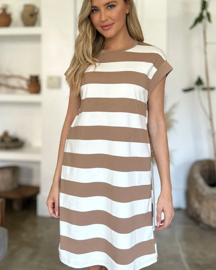 Basic Bae Full Size Striped Round Neck Cap Sleeve Mini Dress
