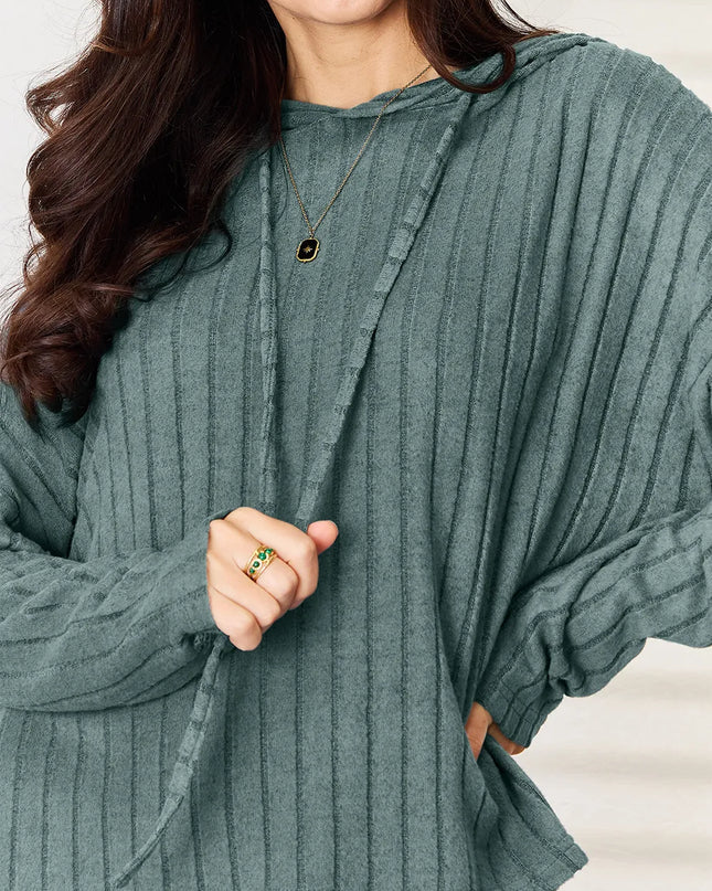 Basic Bae Full Size Ribbed Drawstring Hooded Top and Straight Pants Set