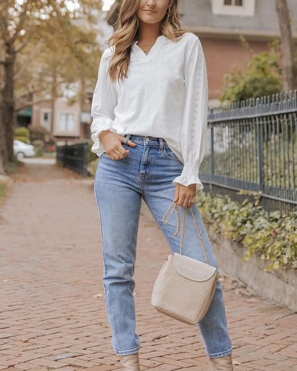 Openwork Notched Flounce Sleeve Blouse 