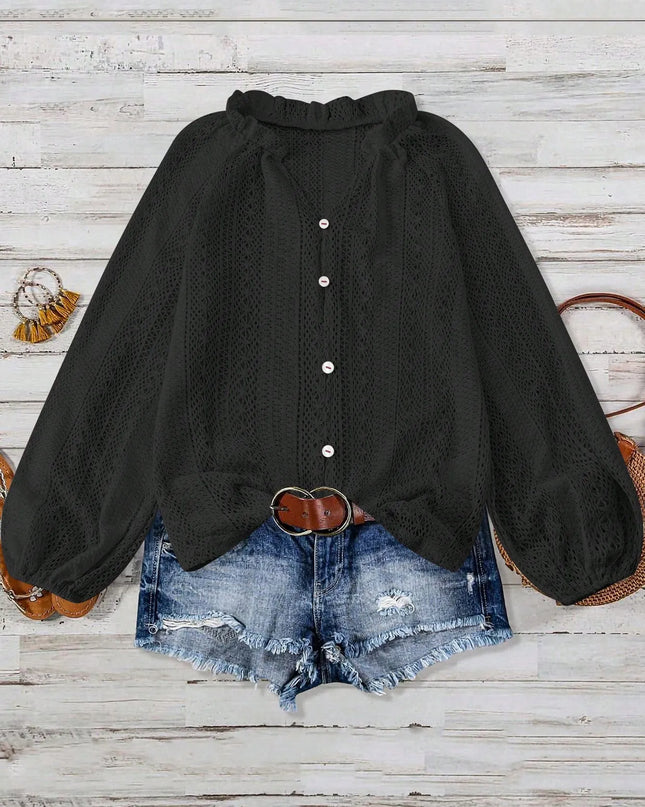 Crochet Notched Button-Front Shirt