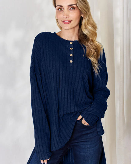Basic Bae Full Size Ribbed Half Button Long Sleeve High-Low T-Shirt Dark Blue