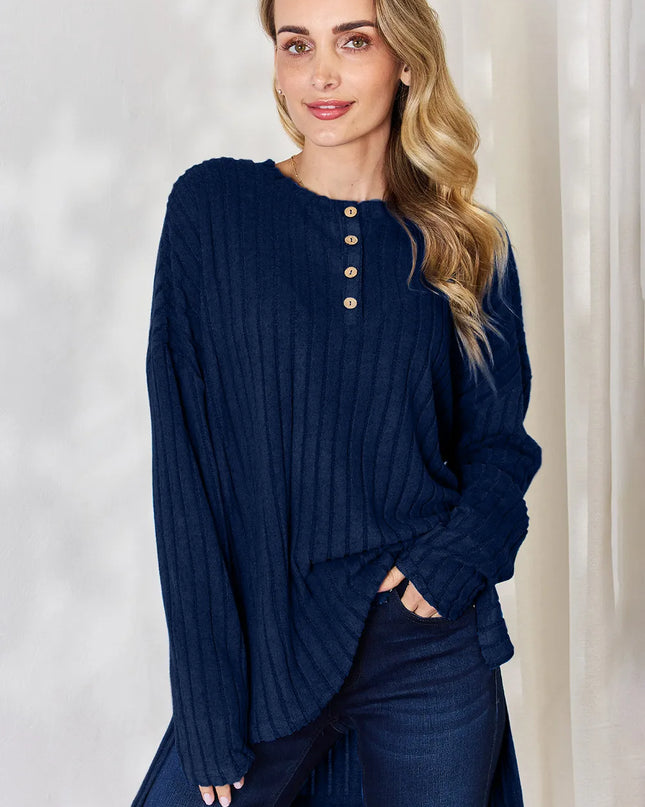 Basic Bae Full Size Ribbed Half Button Long Sleeve High-Low T-Shirt Dark Blue