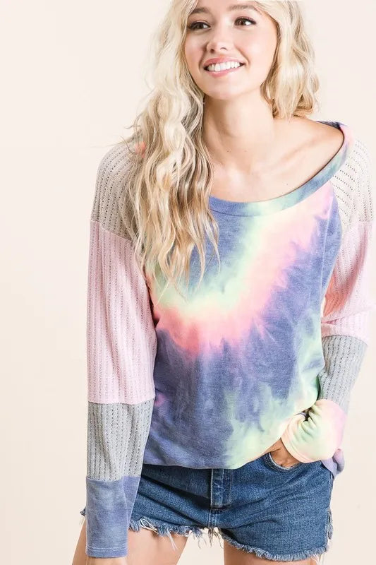 BiBi Tie Dye Terry Top With Color Block Pointelle Knit CHARCOAL TIE DYE