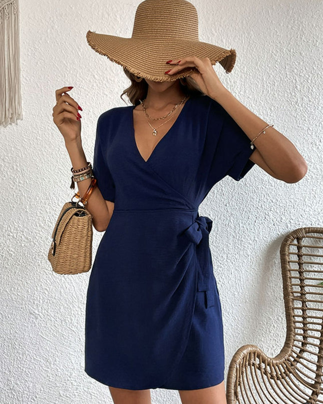Perfee Tied Cuffed Sleeve Surplice Dress