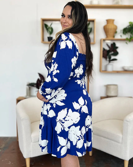 Double Take Full Size Floral Ruffle Hem Smocked Dress with Pockets