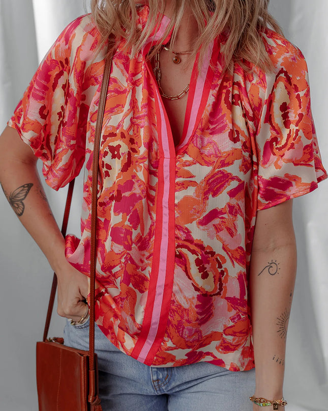 Abstract Print Striped Trim Split Neck Blouse