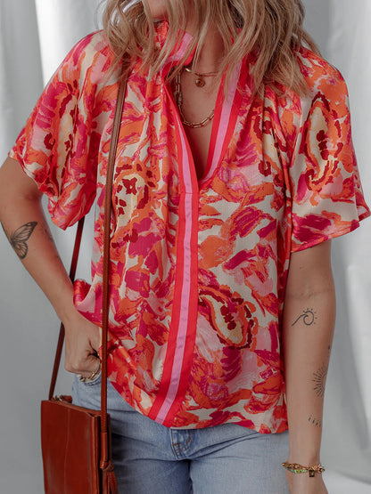 Abstract Print Striped Trim Split Neck Blouse