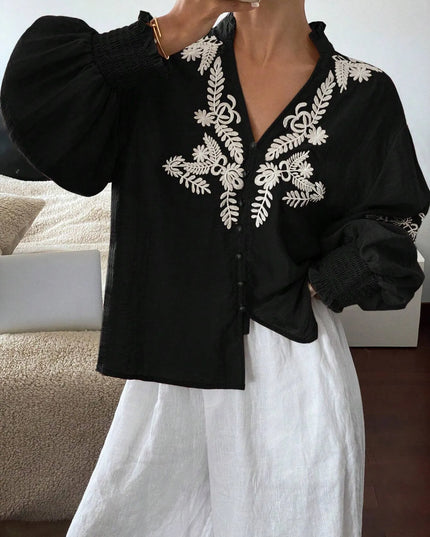 Embroidered Lantern Sleeve Blouse Black