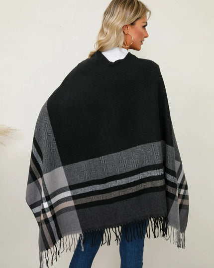Fringe Contrast Plaid Poncho