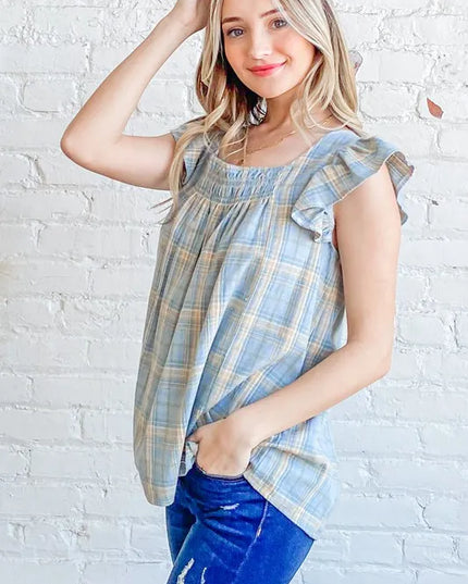 And The Why Plaid Print Smocked Detail Ruffle Baby Doll Top