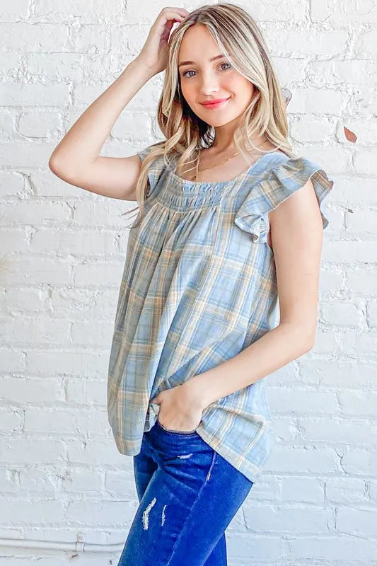 And The Why Plaid Print Smocked Detail Ruffle Baby Doll Top