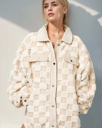 Double Take Button Up Fuzzy Checkered Shacket Cream
