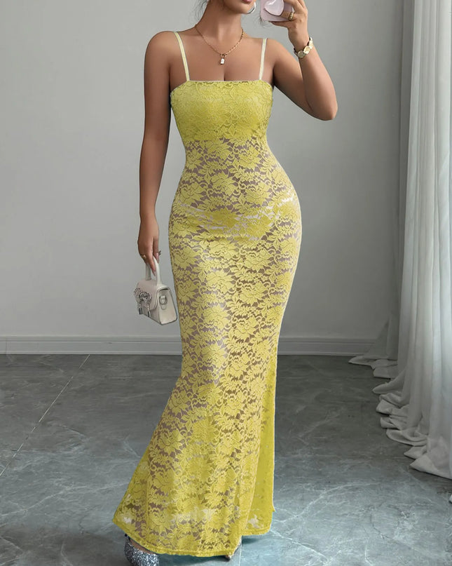 Lace Square Neck Maxi Cami Dress Yellow