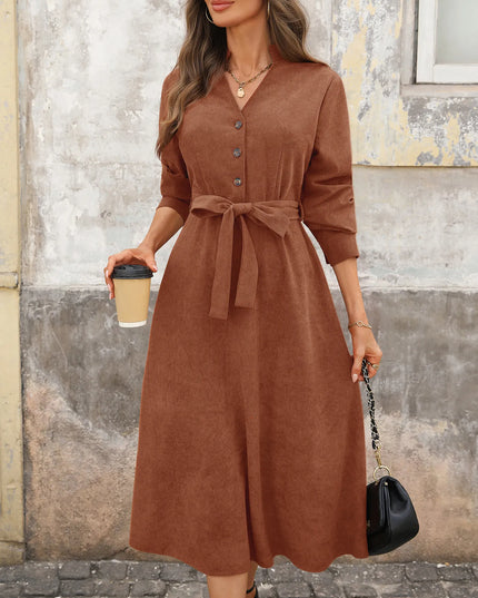 Long Sleeve Button Front Belted Midi Dress