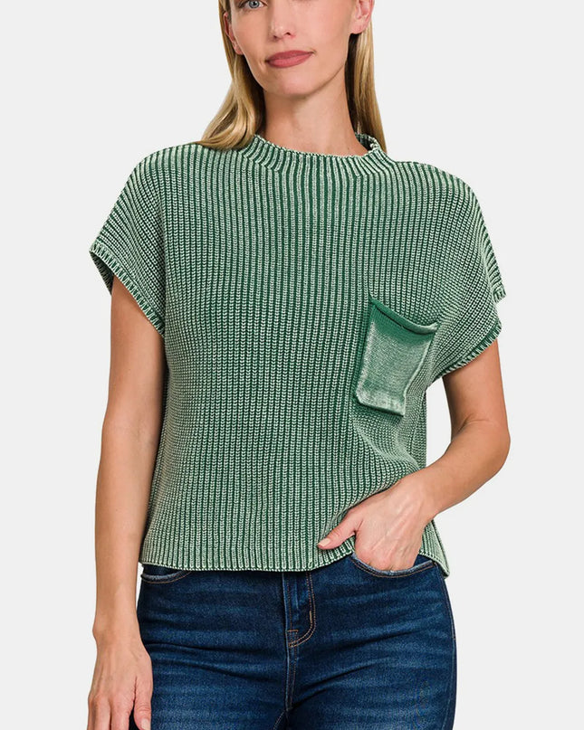 Zenana Washed Mock Neck Short Sleeve Cropped Sweater Dk Green