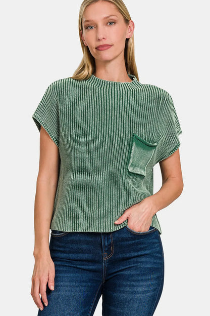 Zenana Washed Mock Neck Short Sleeve Cropped Sweater Dk Green