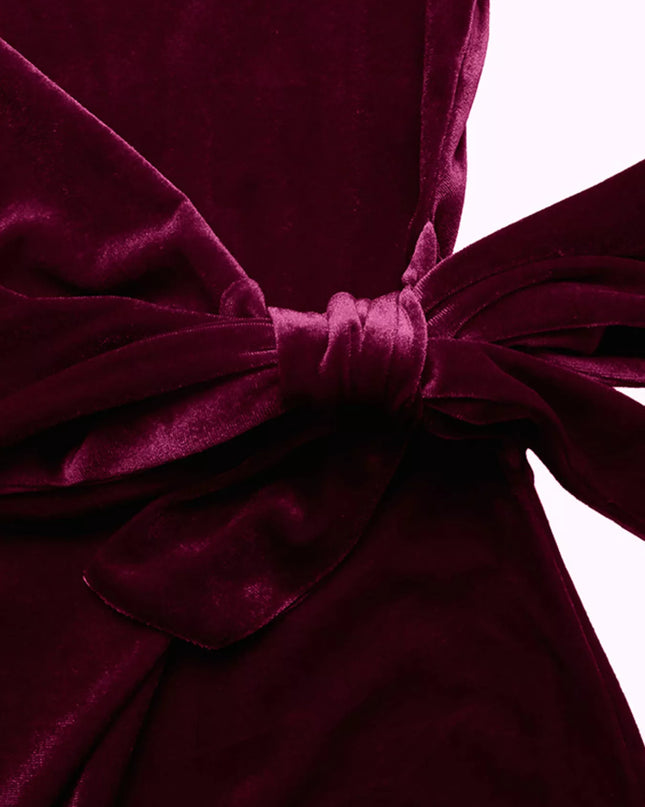 Velvet Slit Round Neck Long Sleeve Dress with Side Tie Detail