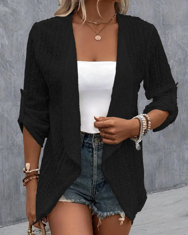 Eyelet Roll-Tab Sleeve Cardigan Black