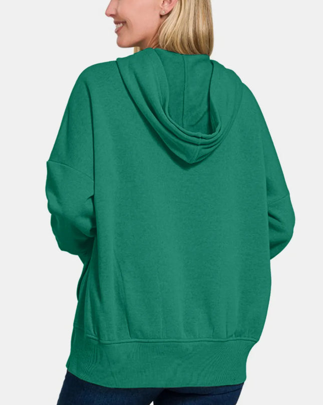 Zenana Half Snap Long Sleeve Hoodie with Kangaroo Pocket