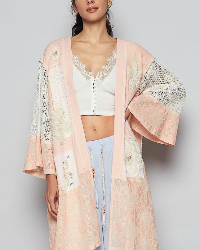 POL Double Gauze and Lace Mix Cardigan with Embroidered Detail 