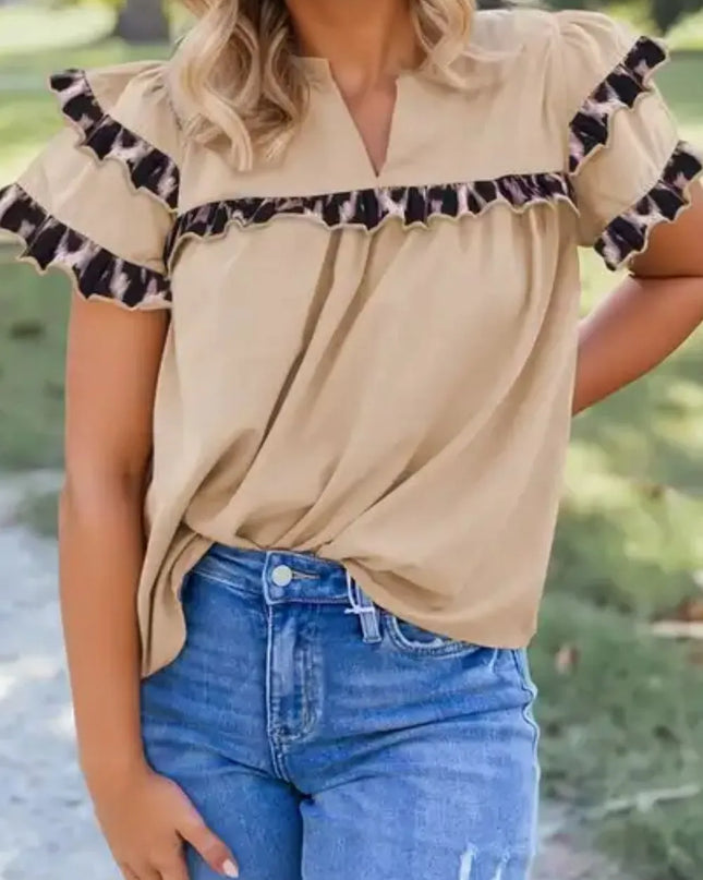 Leopard Frill Short Sleeve Blouse