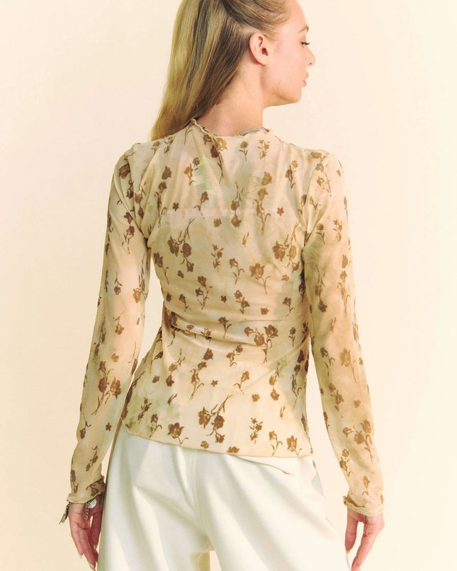 Davi & Dani Floral Mesh Long Sleeve Sheer Layering Top 