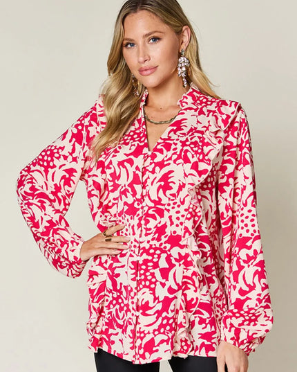 Double Take Full Size Printed Ruffle Trim Balloon Sleeve Shirt Hot Pink