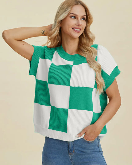 Double Take Full Size Checkered Round Neck Short Sleeve Sweater