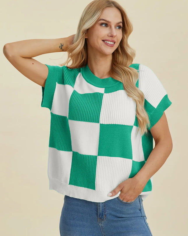 Double Take Full Size Checkered Round Neck Short Sleeve Sweater