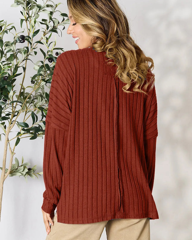 Basic Bae Full Size Ribbed Round Neck Slit Knit Top