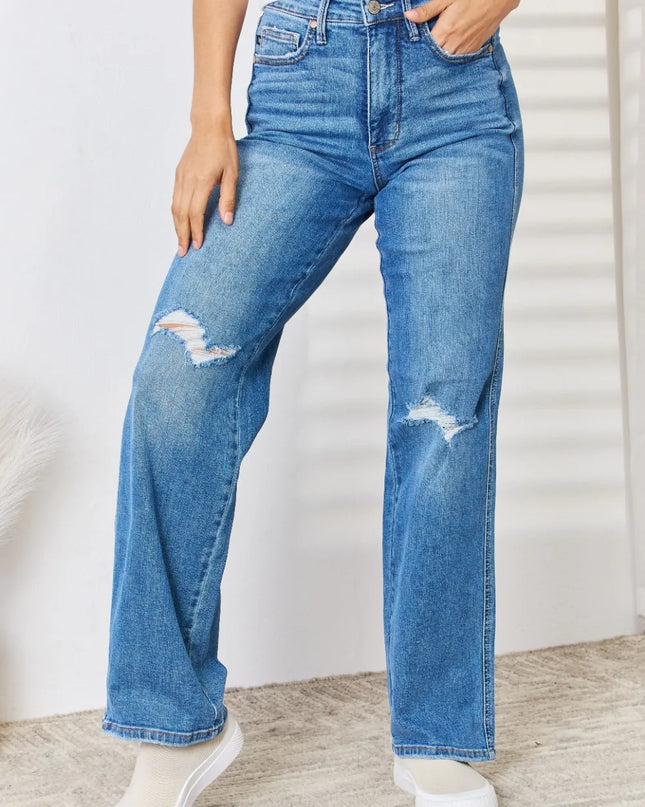 Judy Blue Full Size High Waist Distressed Straight-Leg Jeans Medium