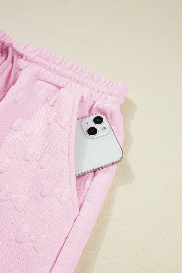 Bow Jacquard Ruffle Cap Sleeve Top and Shorts Set