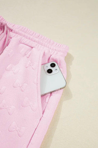 Bow Jacquard Ruffle Cap Sleeve Top and Shorts Set