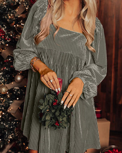 Tie Back Square Neck Velvet Babydoll Dress Gray