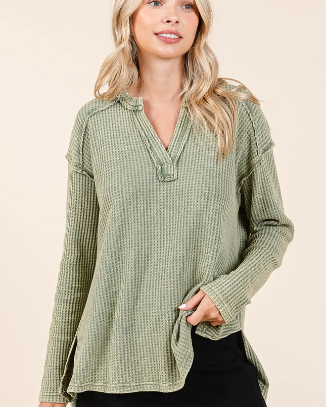Mittoshop Mineral Wash Waffle Knit V-Neck Long Sleeve Top OLIVE