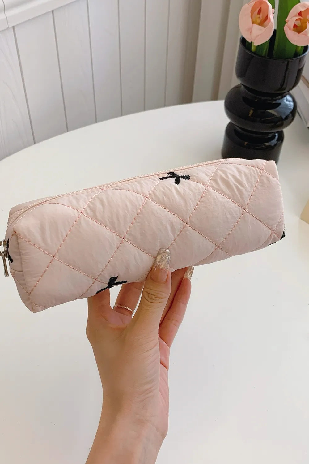 Bow Embroidered Quilted Storage Bag Blush Pink One Size