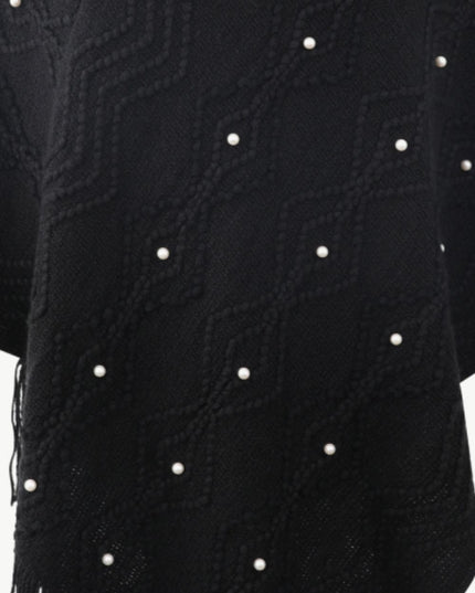 Pearl Trim V-Neck Fringe Hem Poncho