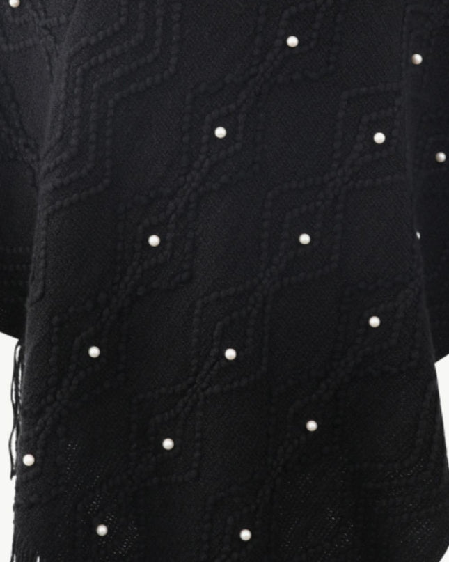 Pearl Trim V-Neck Fringe Hem Poncho