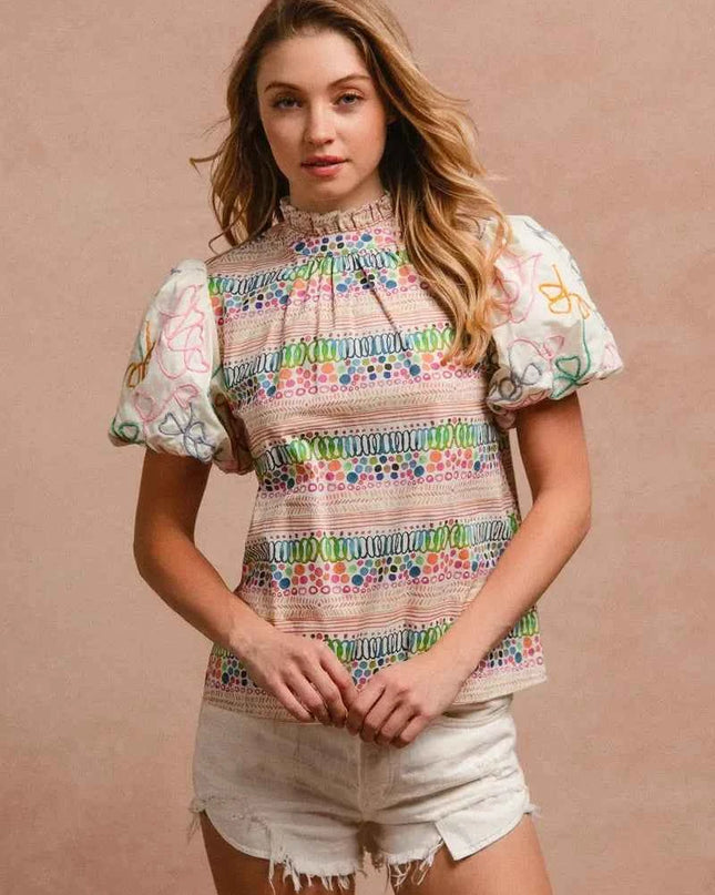 BiBi Ruffle Neckline Blouse With Embroidery Bubble Sleeve