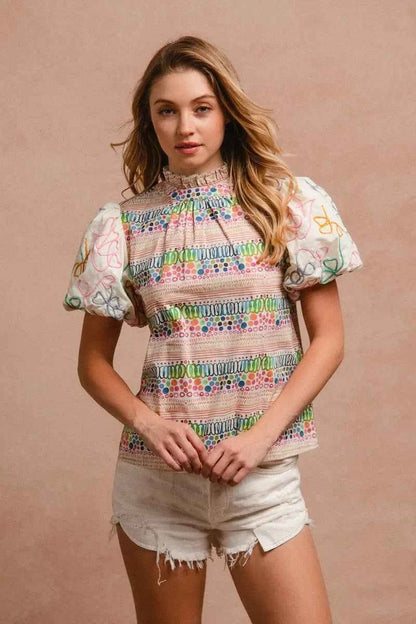 BiBi Ruffle Neckline Blouse With Embroidery Bubble Sleeve