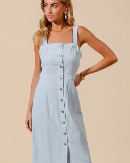 SO ME Button Down Pocket Front Pinafore Dress LT DENIM